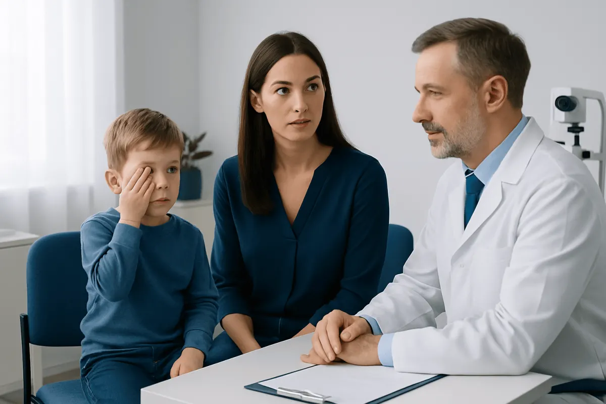 Pediatric retina consultation with doctor and young patient in clinic.
