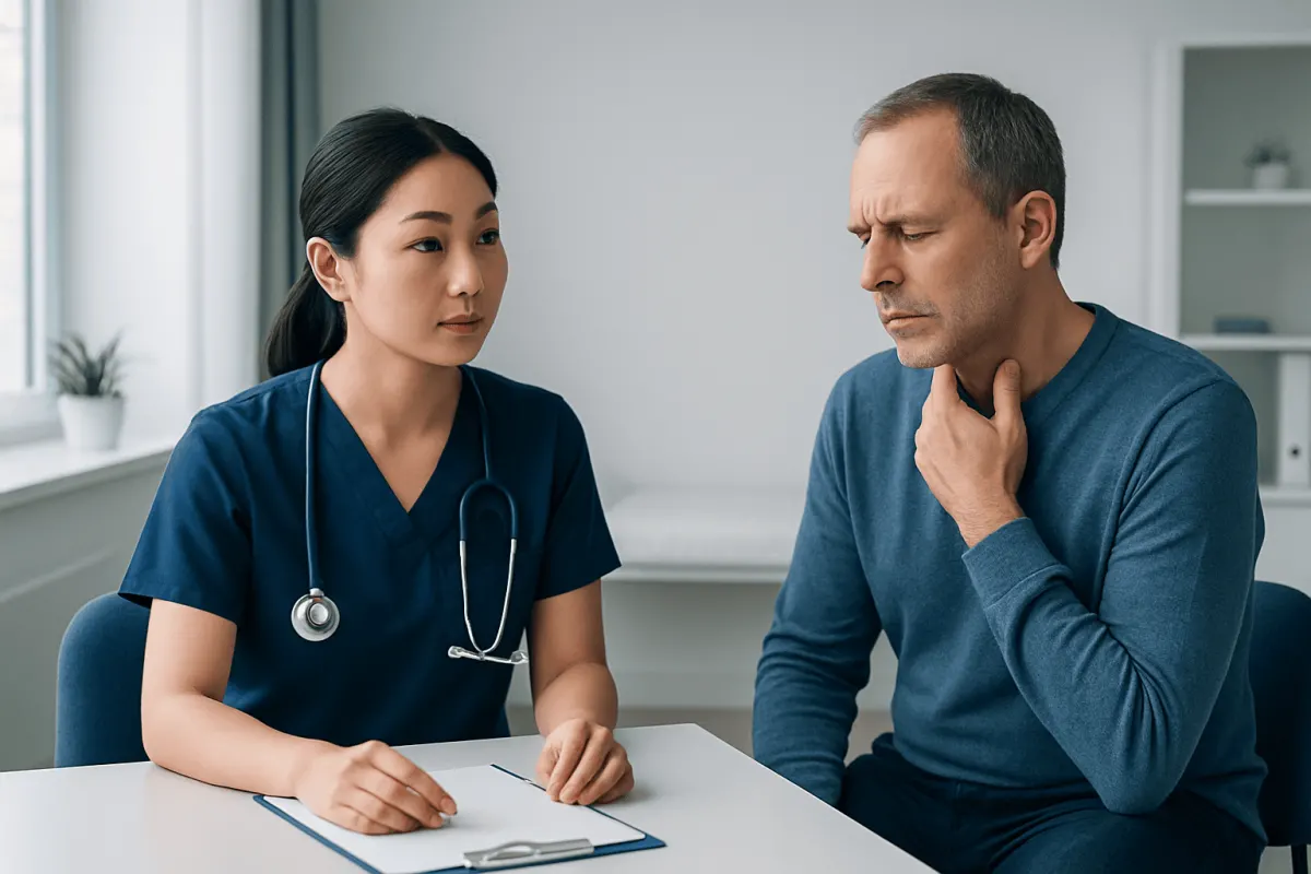 Doctor consulting with a patient about dysphasia symptoms and treatment options.
