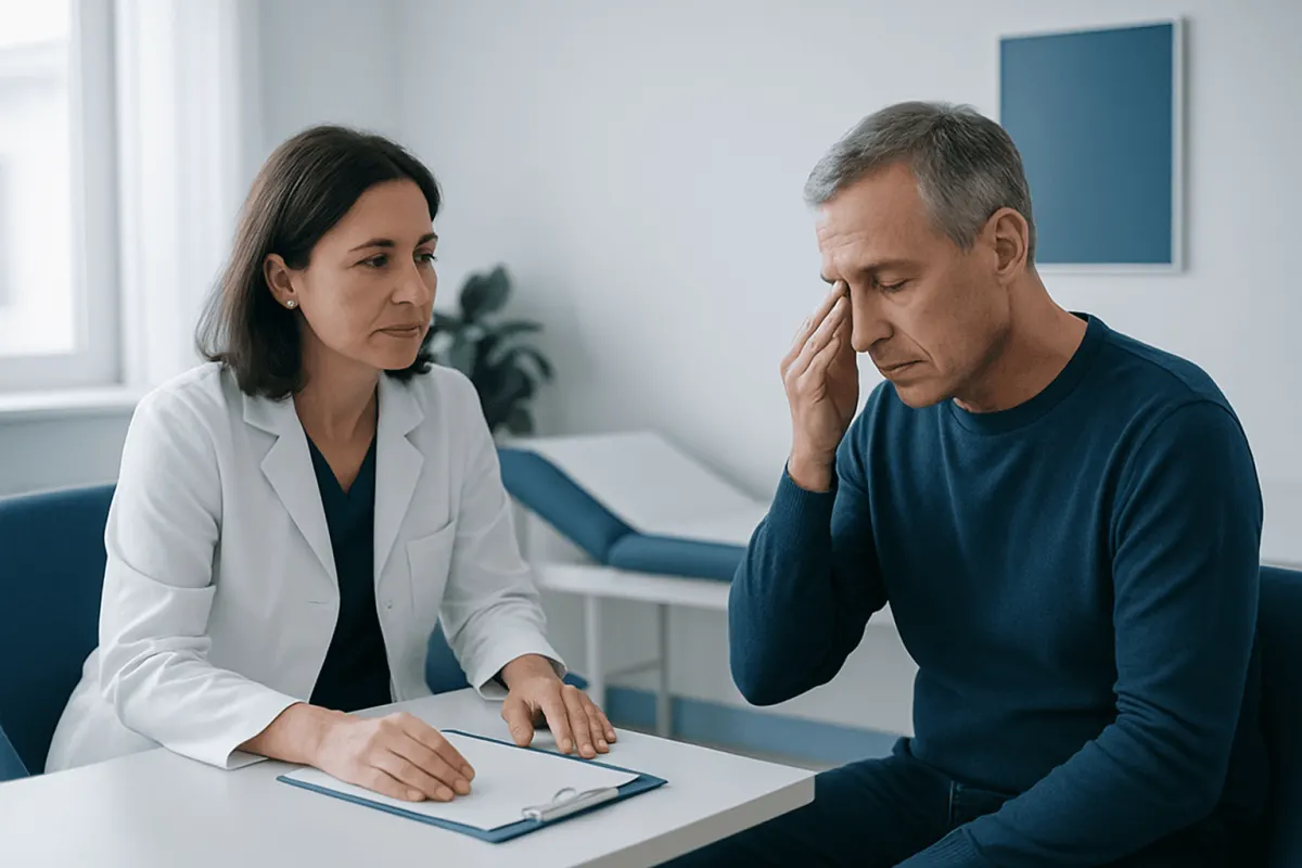 Doctor consulting with a middle-aged male patient in a medical office.