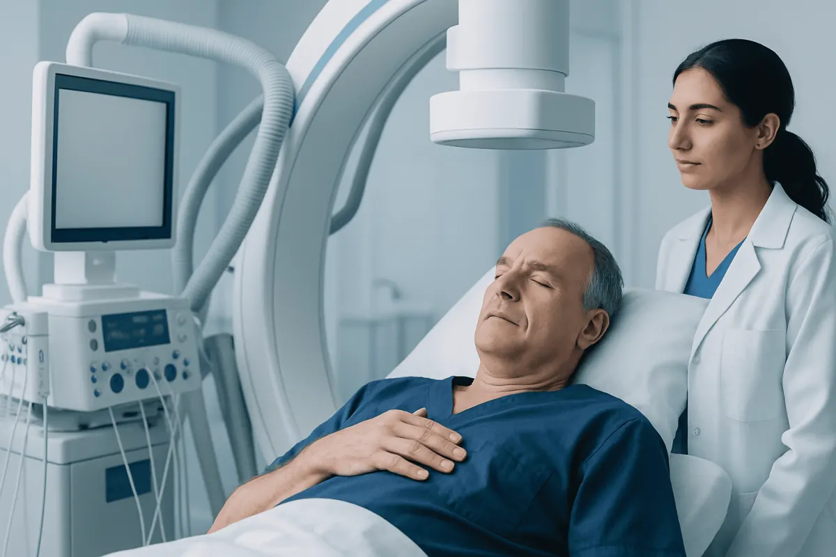 Patient undergoing heart procedure at Acibadem Hospital with medical staff present.