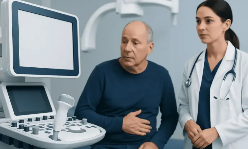 Doctor and patient during a medical consultation in a hospital setting.