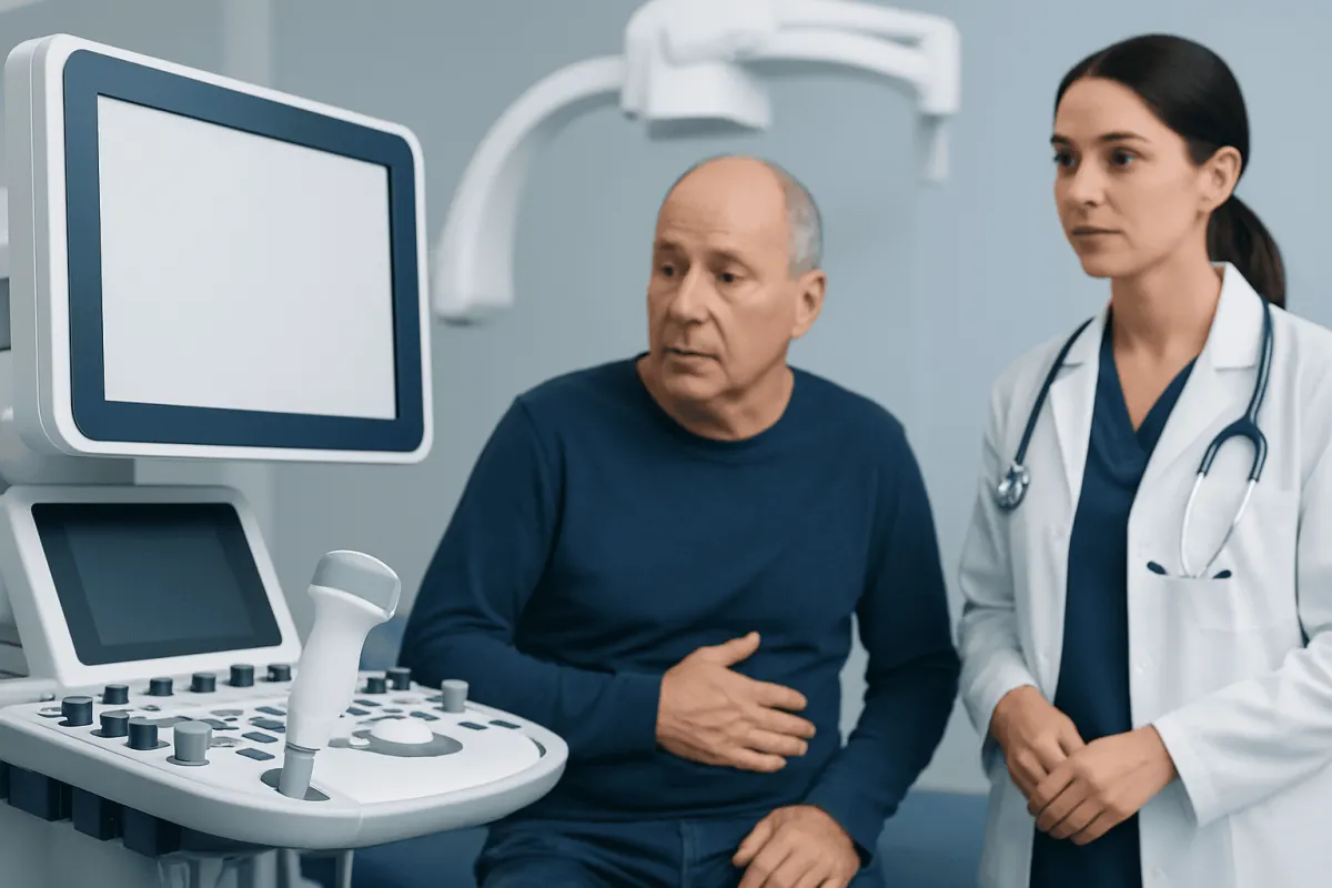Doctor and patient during a medical consultation in a hospital setting.