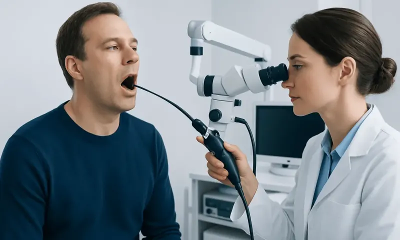 ENT specialist examines patient's throat with a microscope during diagnosis.