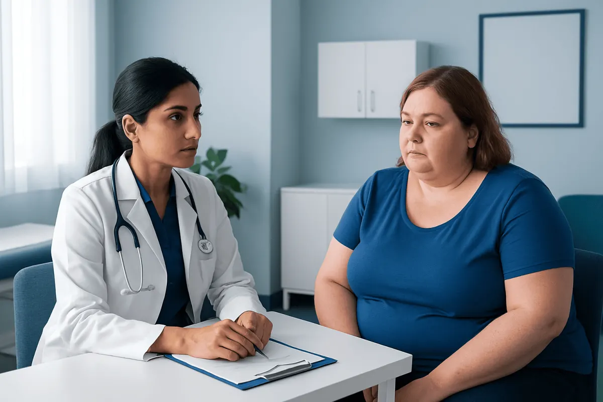 Doctor consulting with a patient about gastric sleeve surgery options.