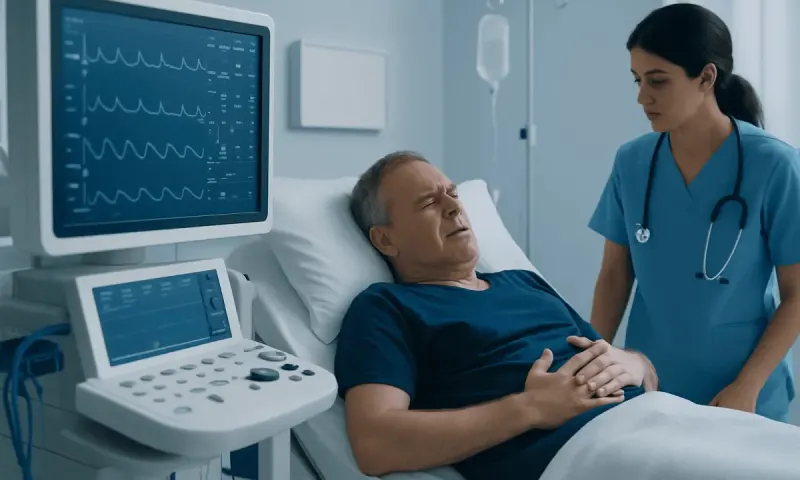 Patient in hospital bed with medical staff and monitoring equipment.