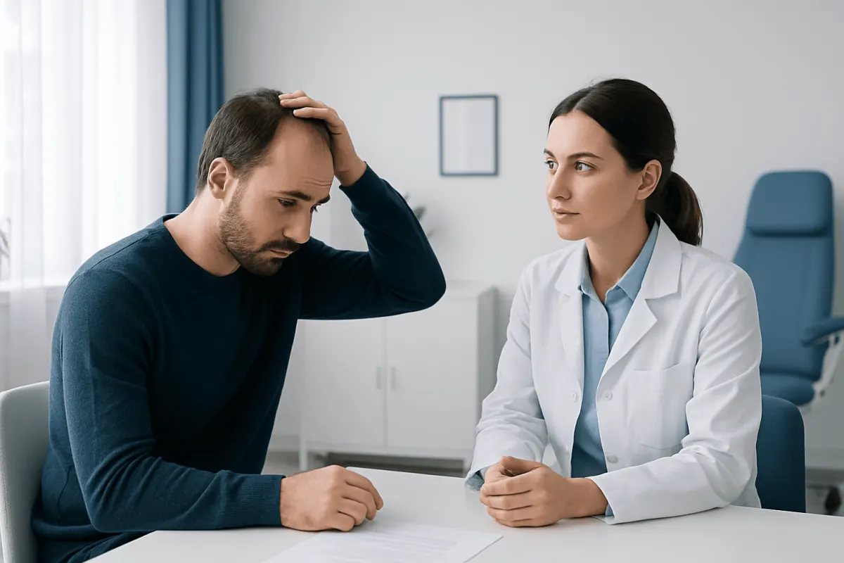 Patient consulting doctor about hair loss concerns in a clinic setting.