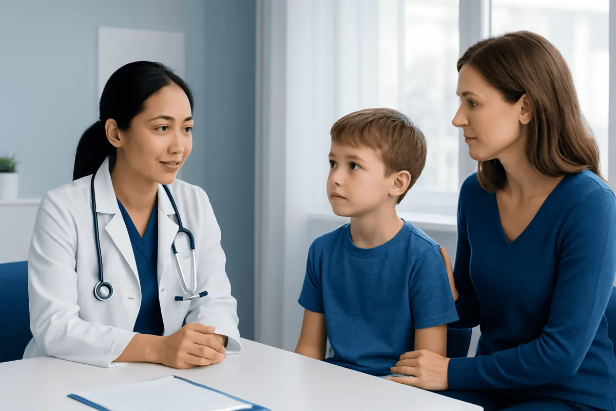 Doctor consulting with a young boy and his mother in a medical office.