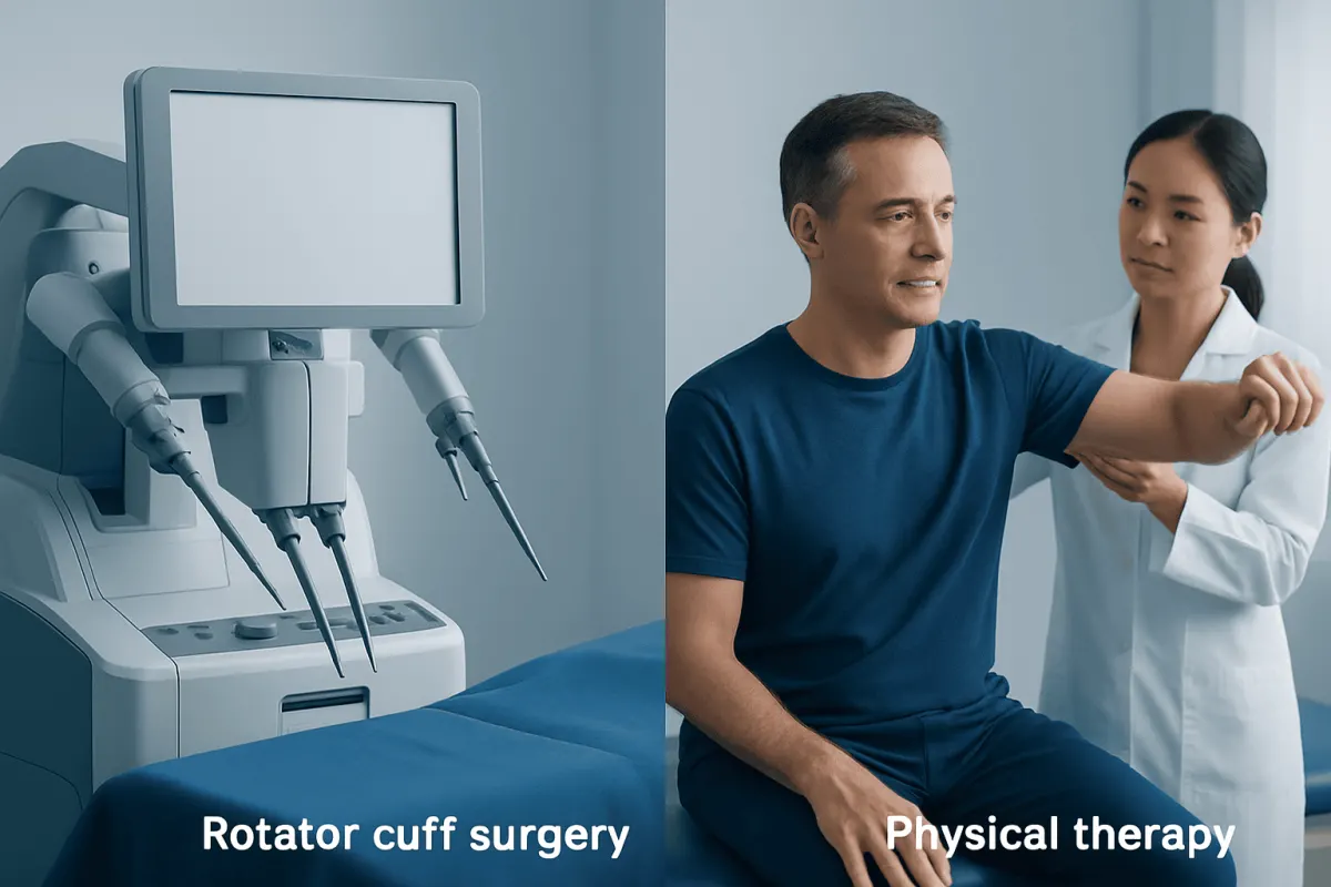 Doctor explaining shoulder treatment options to patient in clinic.