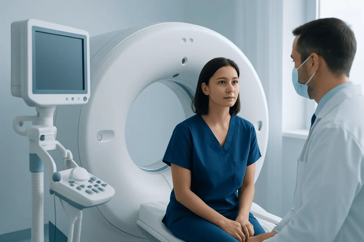 Medical professional explaining CT scan results to a patient in hospital.