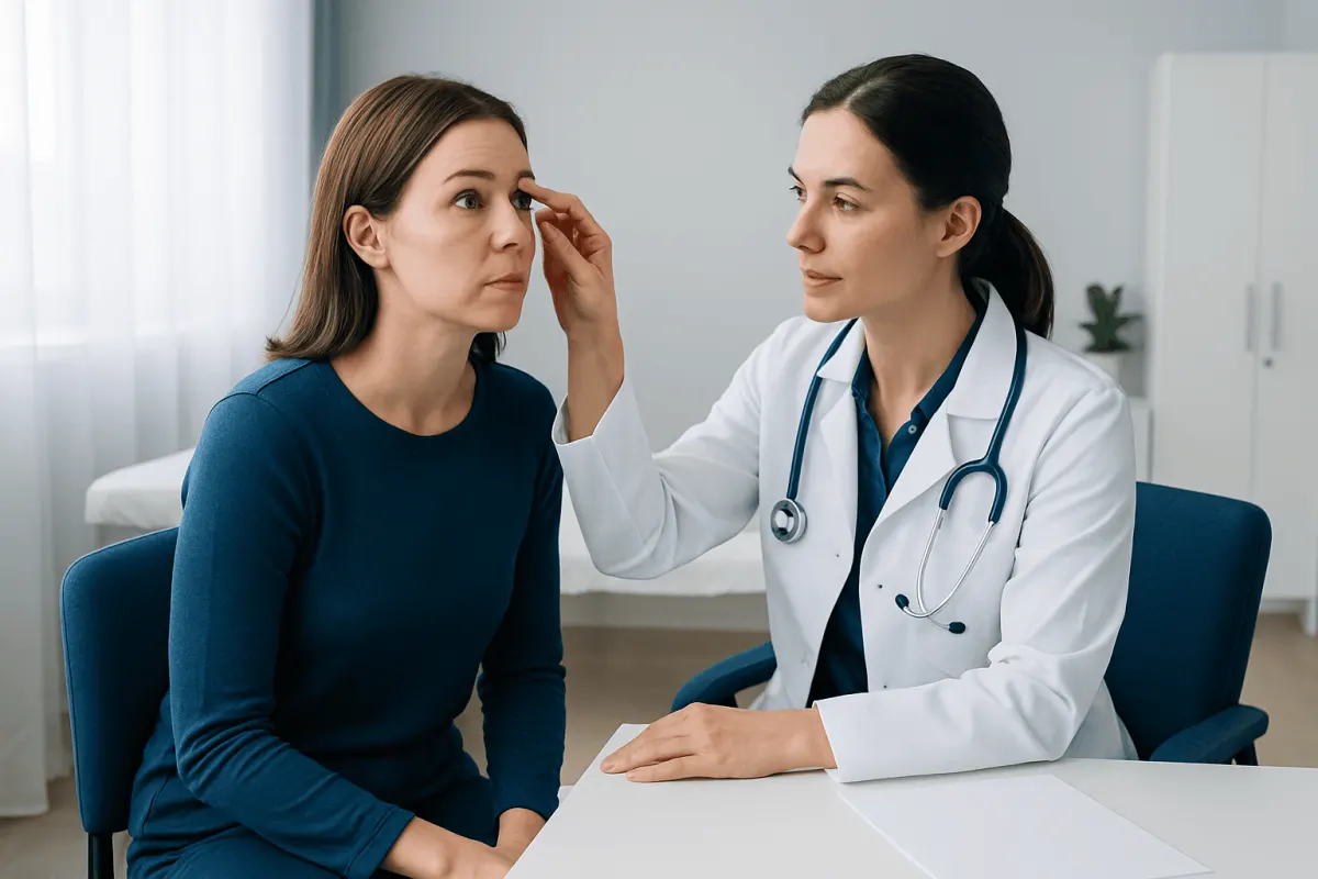 Doctor examining woman's eyelid for bump or swelling.