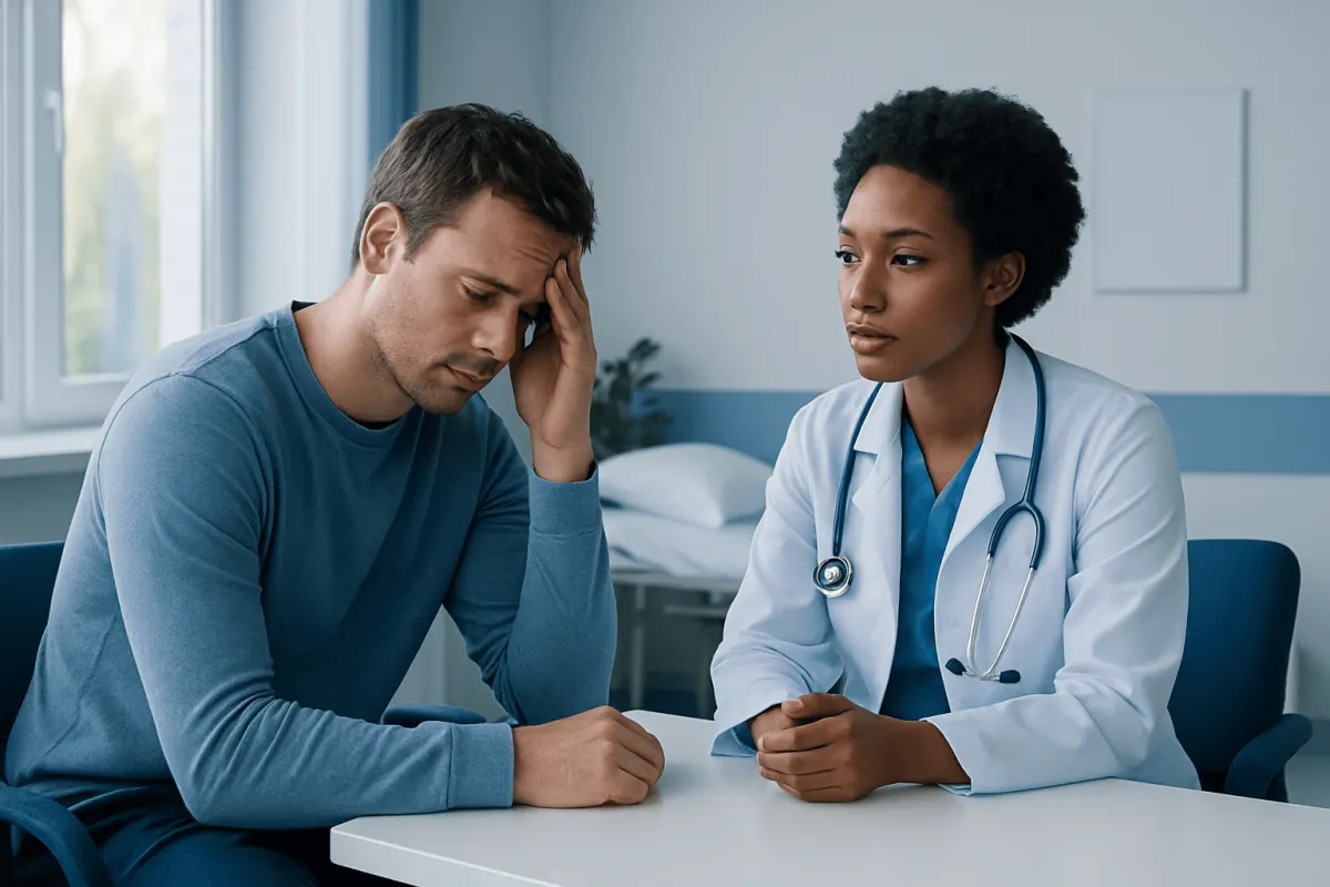 Patient experiencing low blood sugar symptoms during medical consultation.