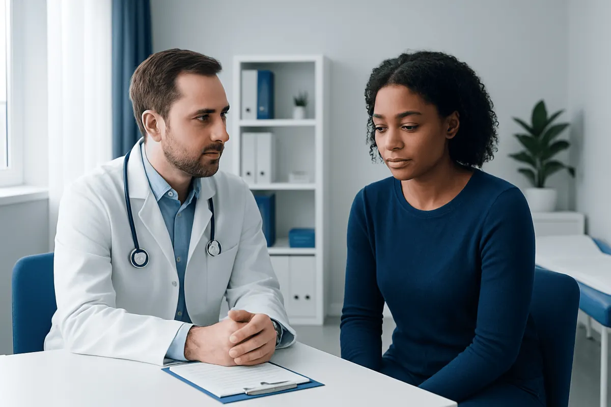 Doctor consulting with a patient in a modern medical office.