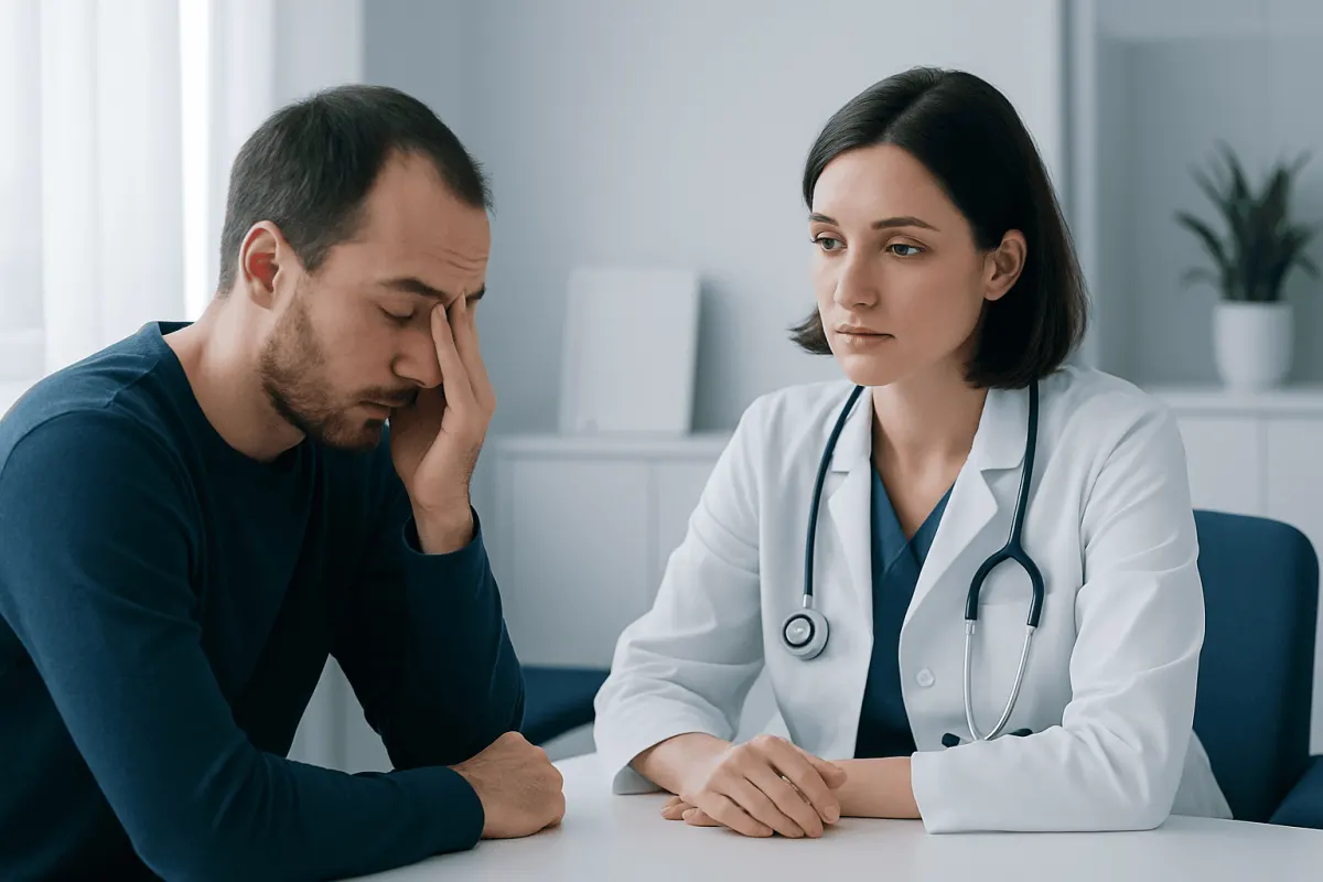 Patient experiencing sleep issues consults with doctor in clinic setting.