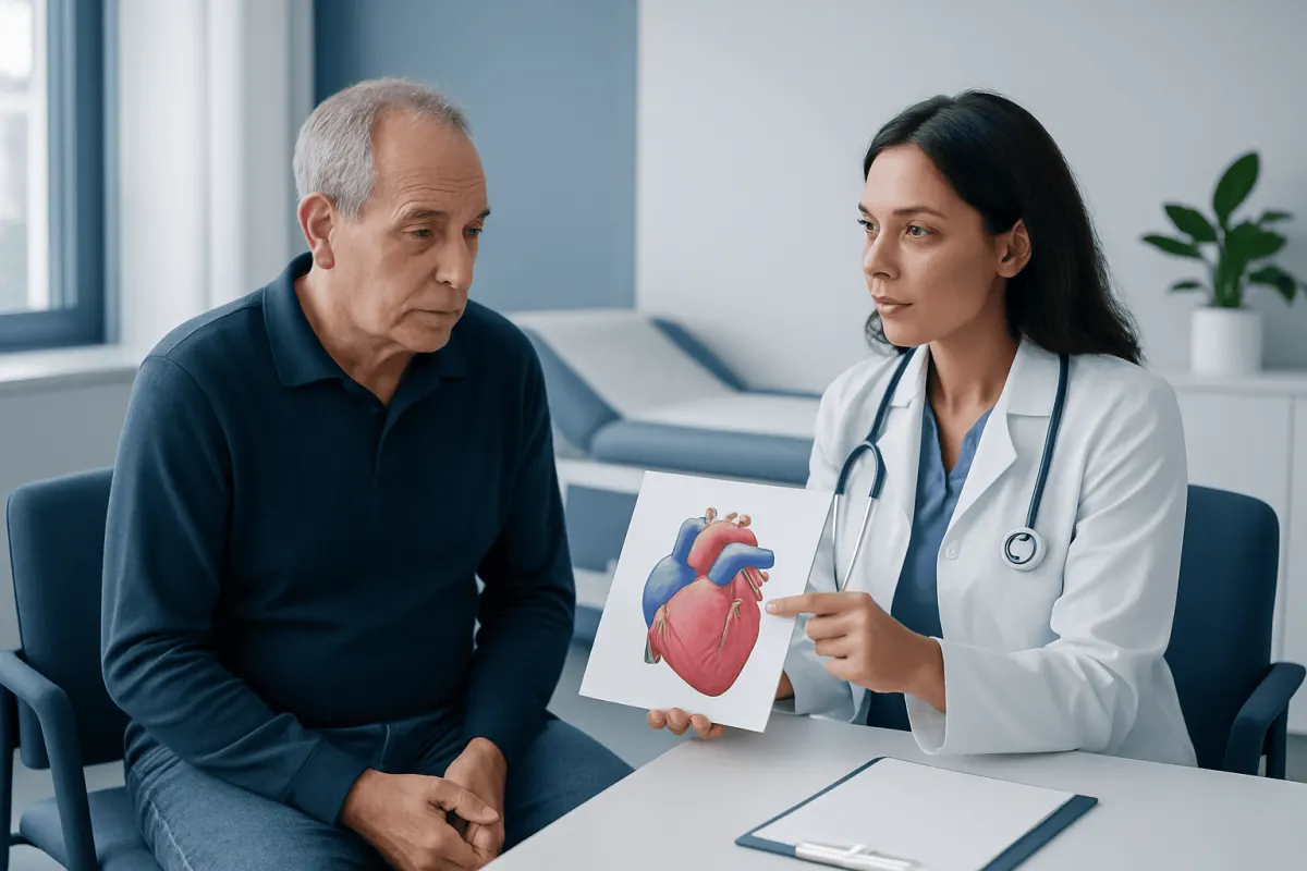 Doctor explaining heart diagram to patient in a consultation room.