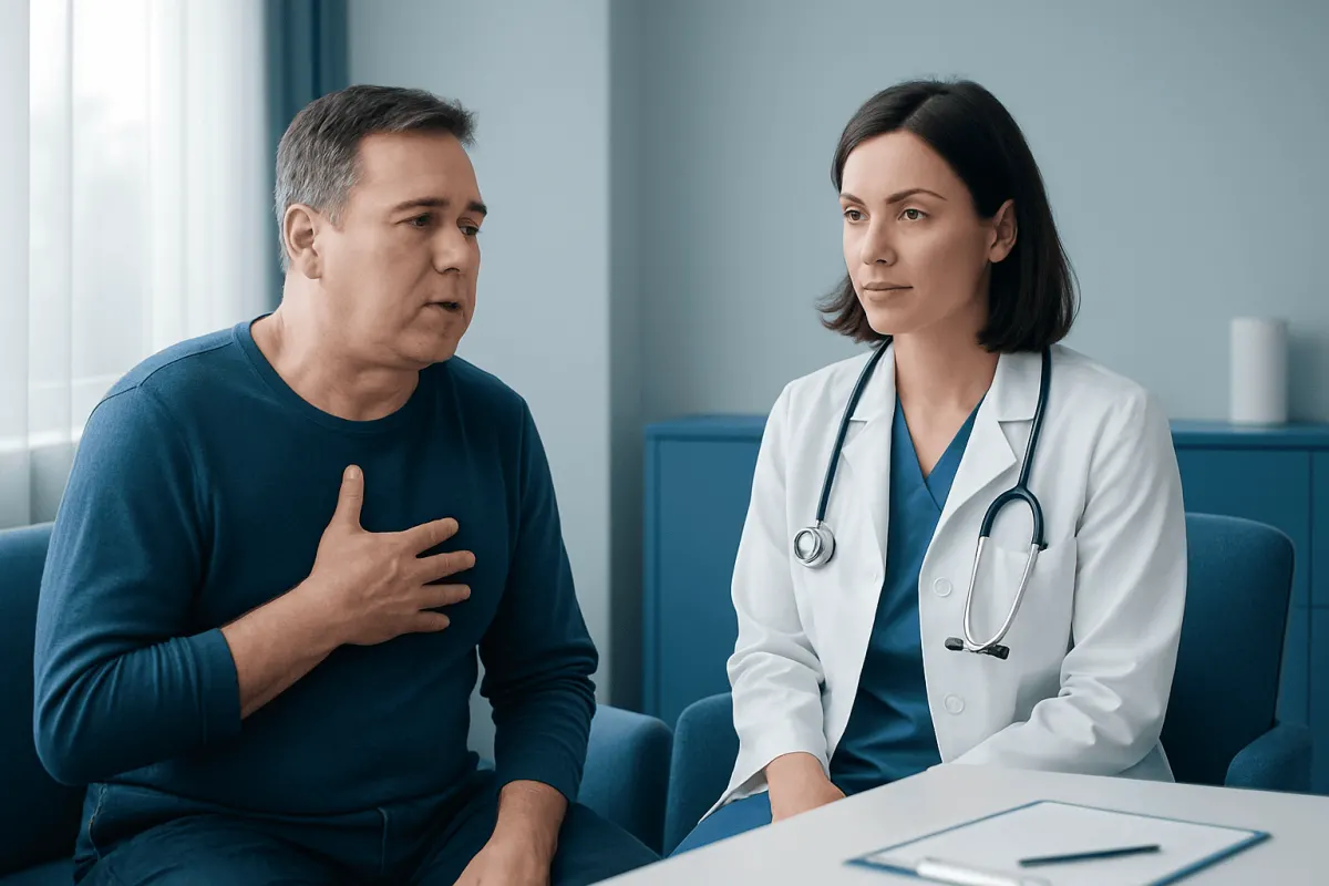 Doctor consulting with a male patient about health concerns in a clinic setting.