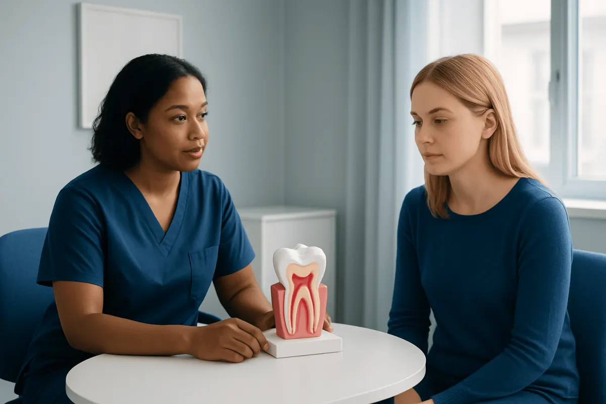 Dentist explaining dental anatomy to patient with model of tooth.