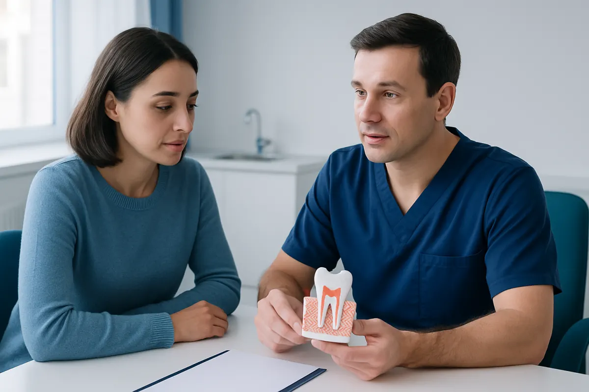 Dentist explaining dental fiber application to patient with tooth model.