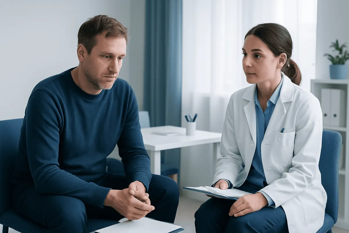 Doctor consulting with patient in a medical office setting.