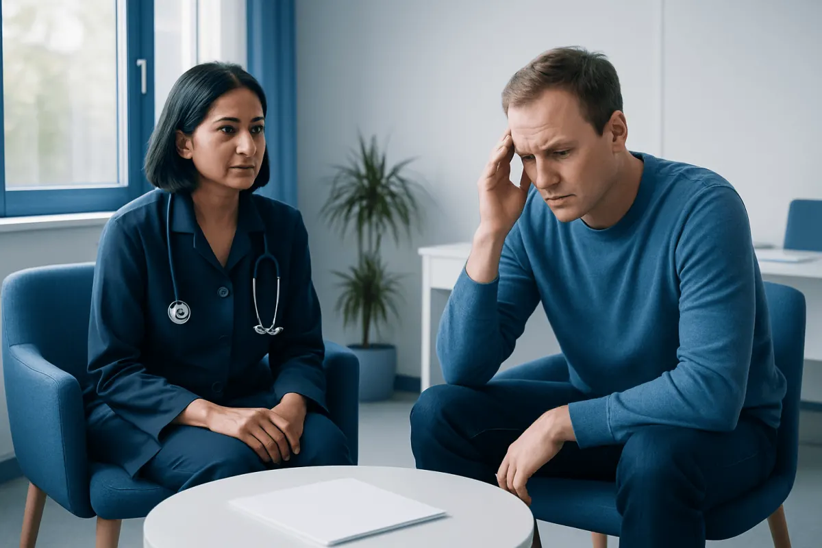 Patient consulting with a healthcare professional about neuropsychiatric assessment.