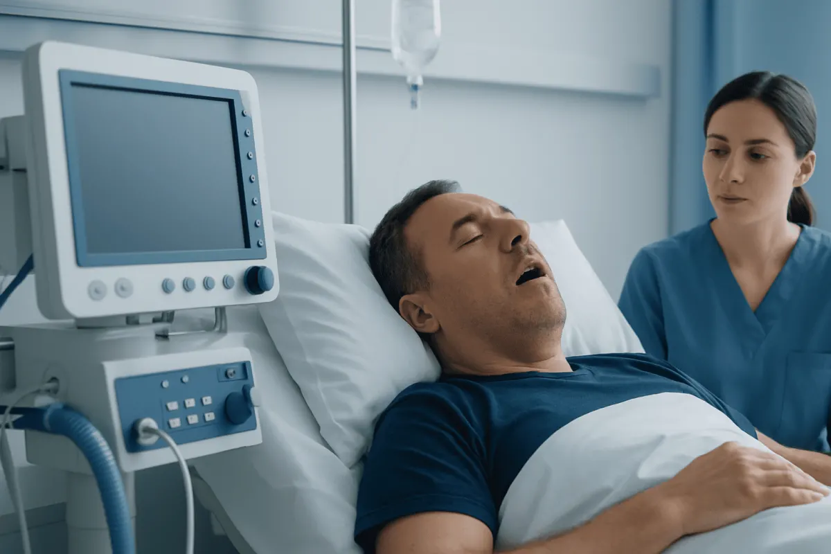 Patient in hospital bed undergoing sleep study for sleep apnea diagnosis.
