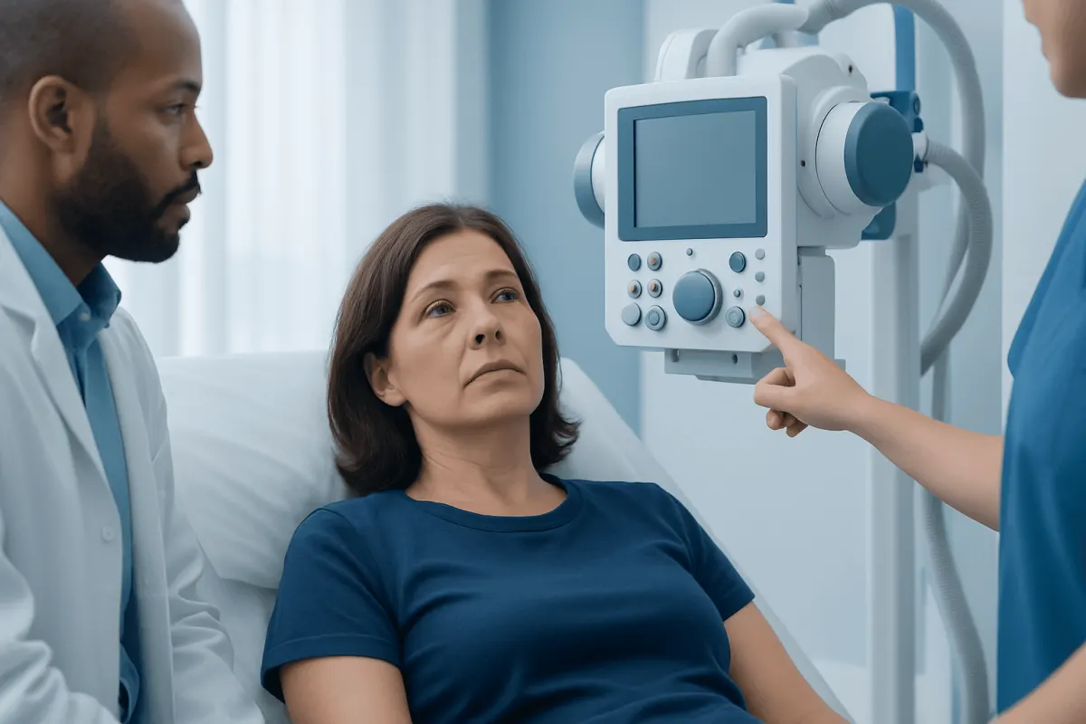 Doctor explaining medical results to a woman patient in hospital.