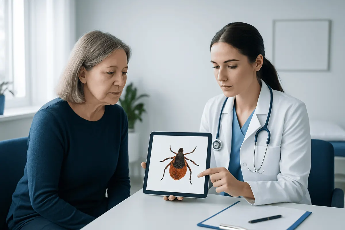 Doctor explains tick with Lyme disease to patient using tablet.