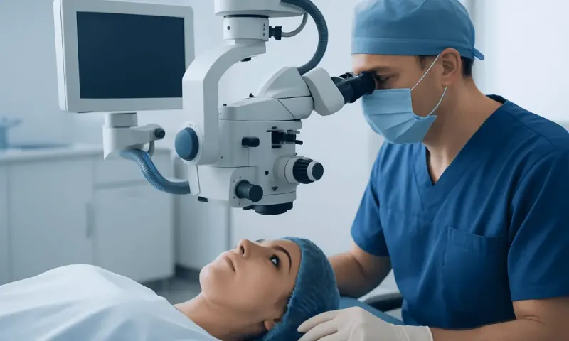 Ophthalmologist performing eye examination with a microscope at Acibadem Hospital.