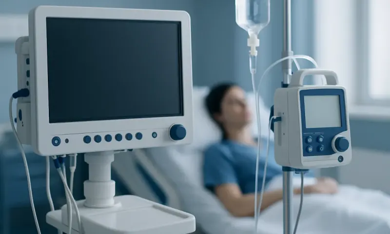 Hospital patient connected to IV drip and monitoring equipment.