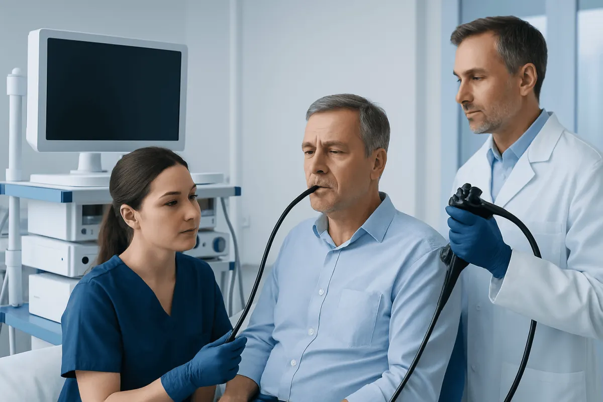 Gastroenterologist performs endoscopy on patient in hospital setting.