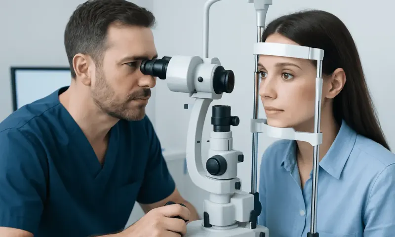 Optometrist examining patient's eye with slit lamp in clinic.
