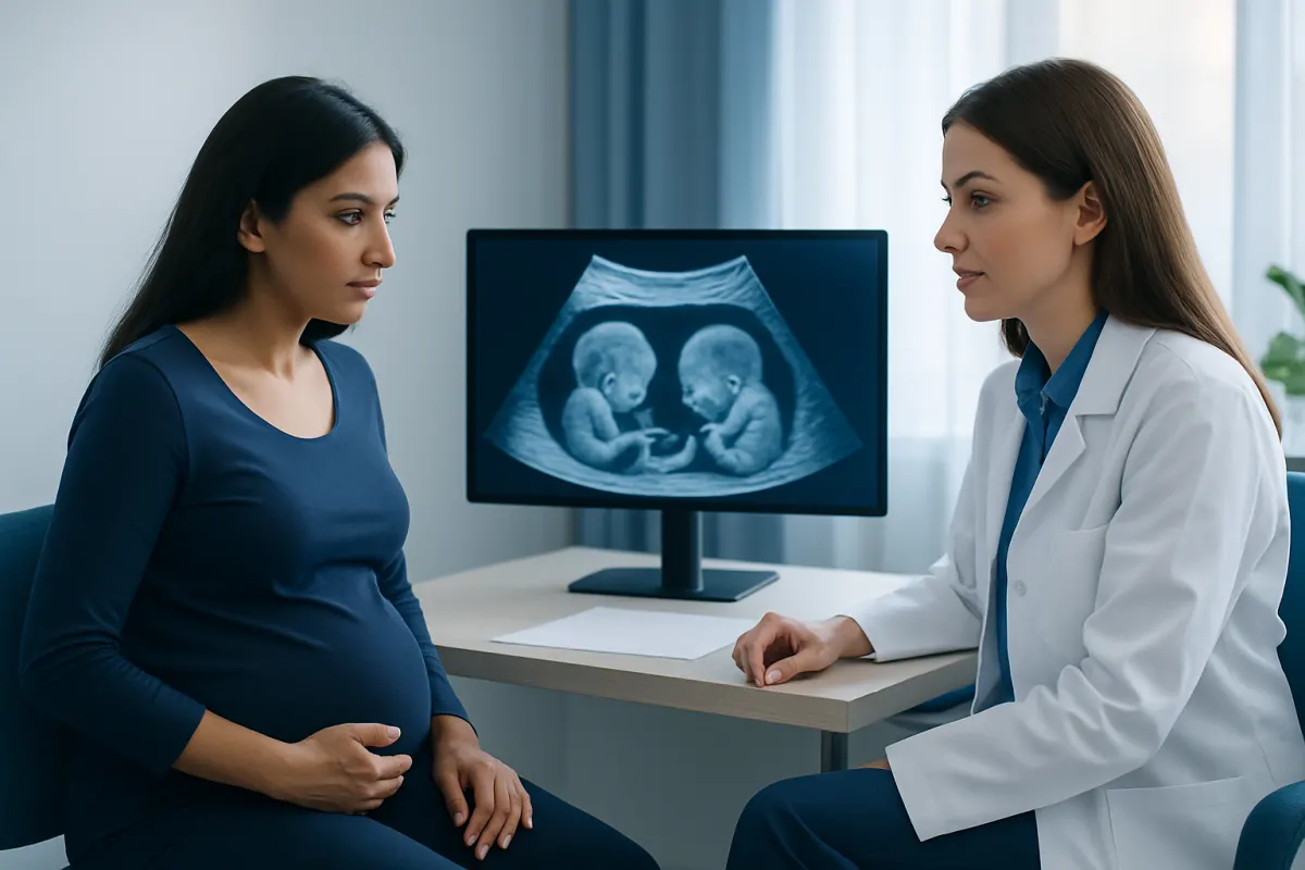 Doctor discussing twin pregnancy ultrasound with patient in clinic.