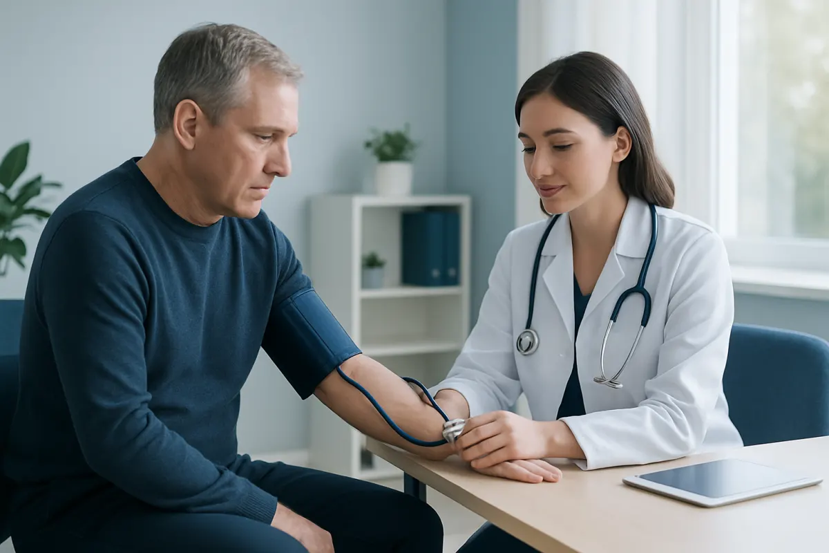 Doctor measuring blood pressure of a male patient in a clinical setting.