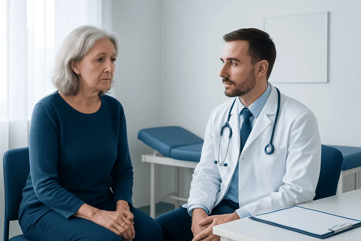 Doctor consulting with an elderly woman in a medical office.