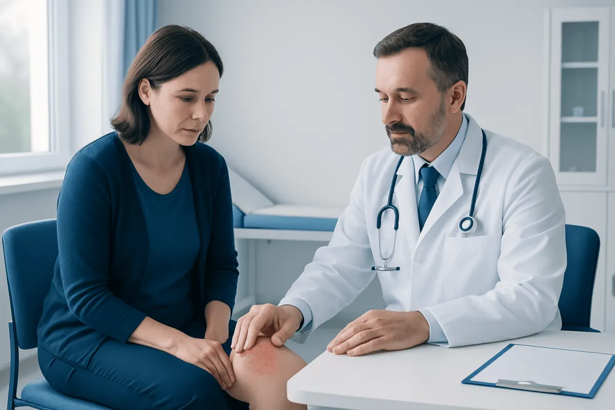 Doctor examining patient's knee in a medical consultation room.