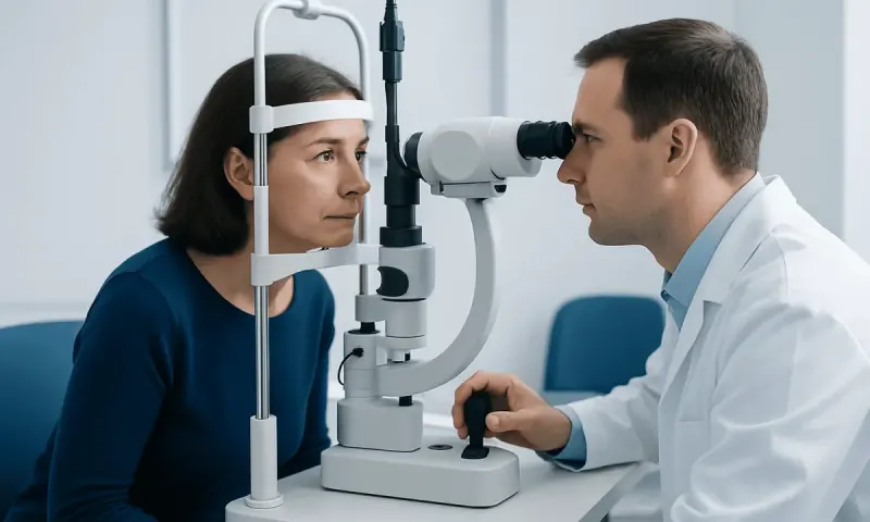 Optometrist examines woman's eyes with slit lamp in clinic.