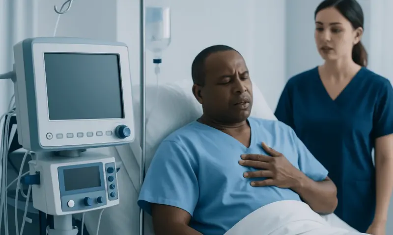 Patient in hospital bed with medical staff monitoring vital signs.