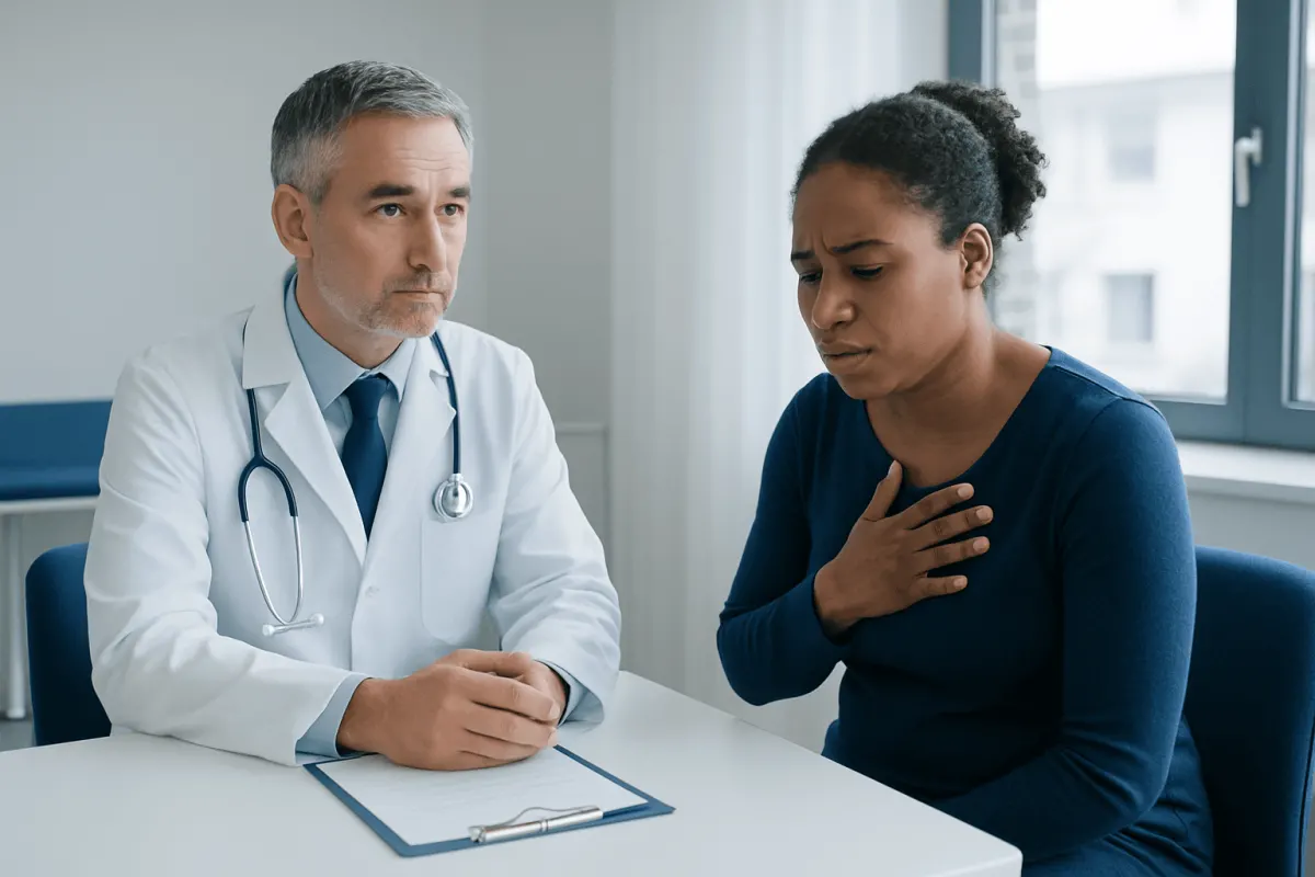 Doctor consulting with a patient experiencing chest discomfort in a medical office.