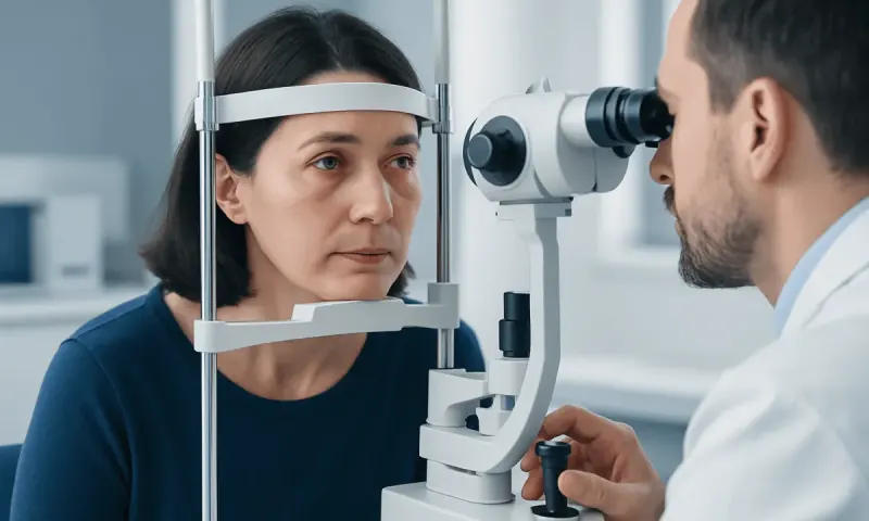 Ophthalmologist examining patient's eye with slit lamp in clinic.