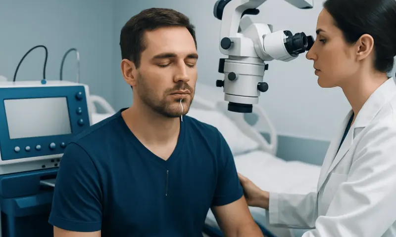 Doctor examining patient with a microscope in a medical clinic setting.