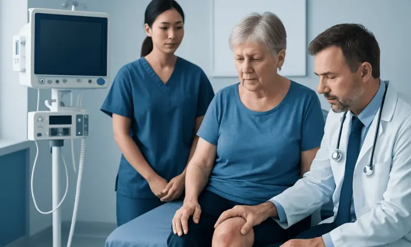 Doctor examining elderly patient's knee in hospital setting.