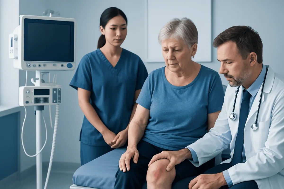 Doctor examining elderly patient's knee in hospital setting.