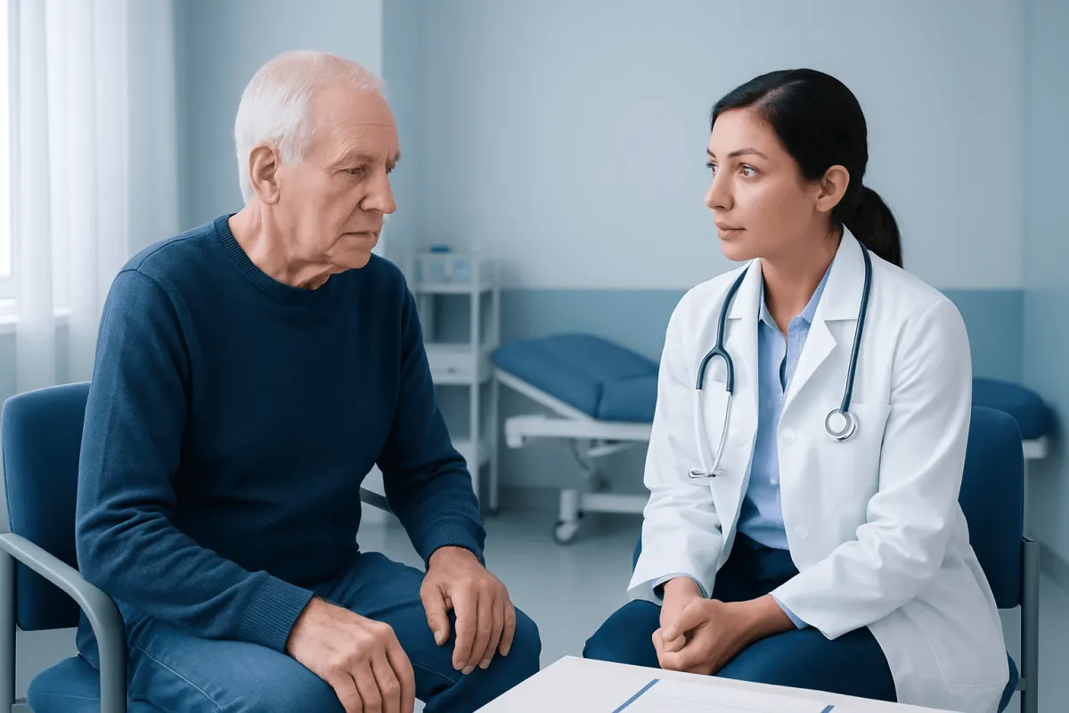 Doctor consulting with elderly patient in a hospital room.