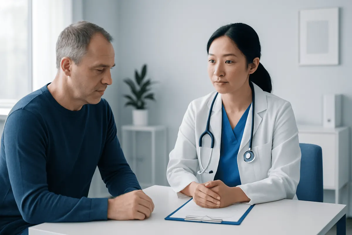 Doctor consulting with a patient about blood health in a clinical setting.