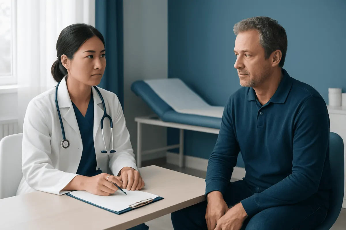 Doctor consulting with a male patient in a medical office.