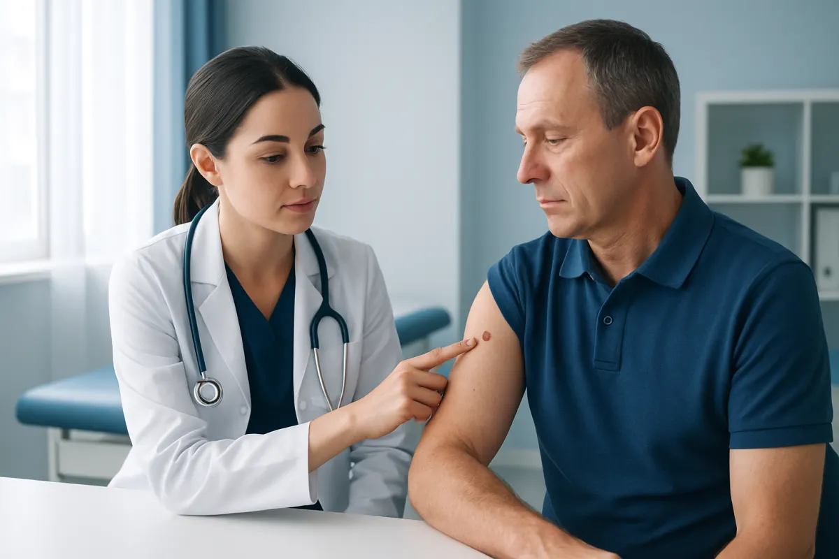 Doctor examining a patient's arm in a clinical setting.
