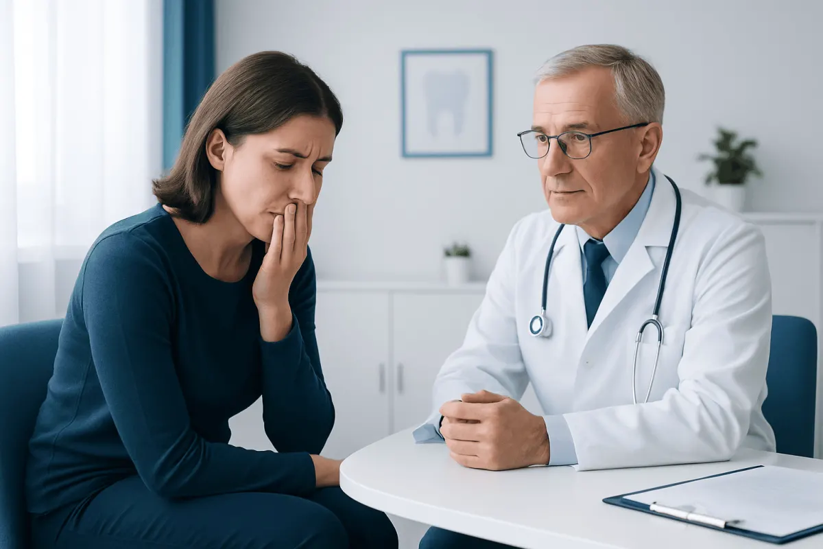 Patient experiencing dental pain during consultation with doctor.