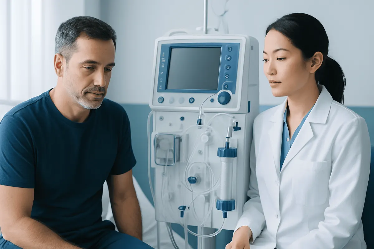 Doctor consulting with patient in a medical clinic setting.