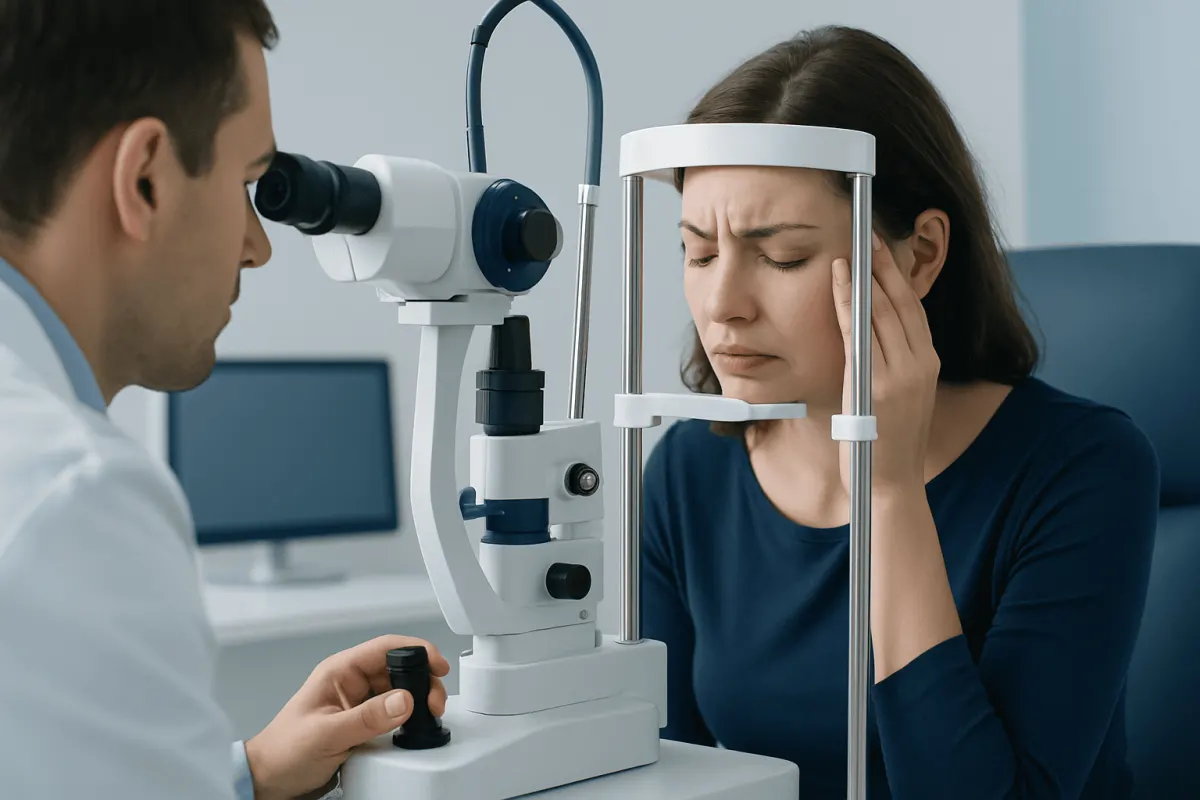 Optometrist examines patient's eye with slit lamp in clinic setting.
