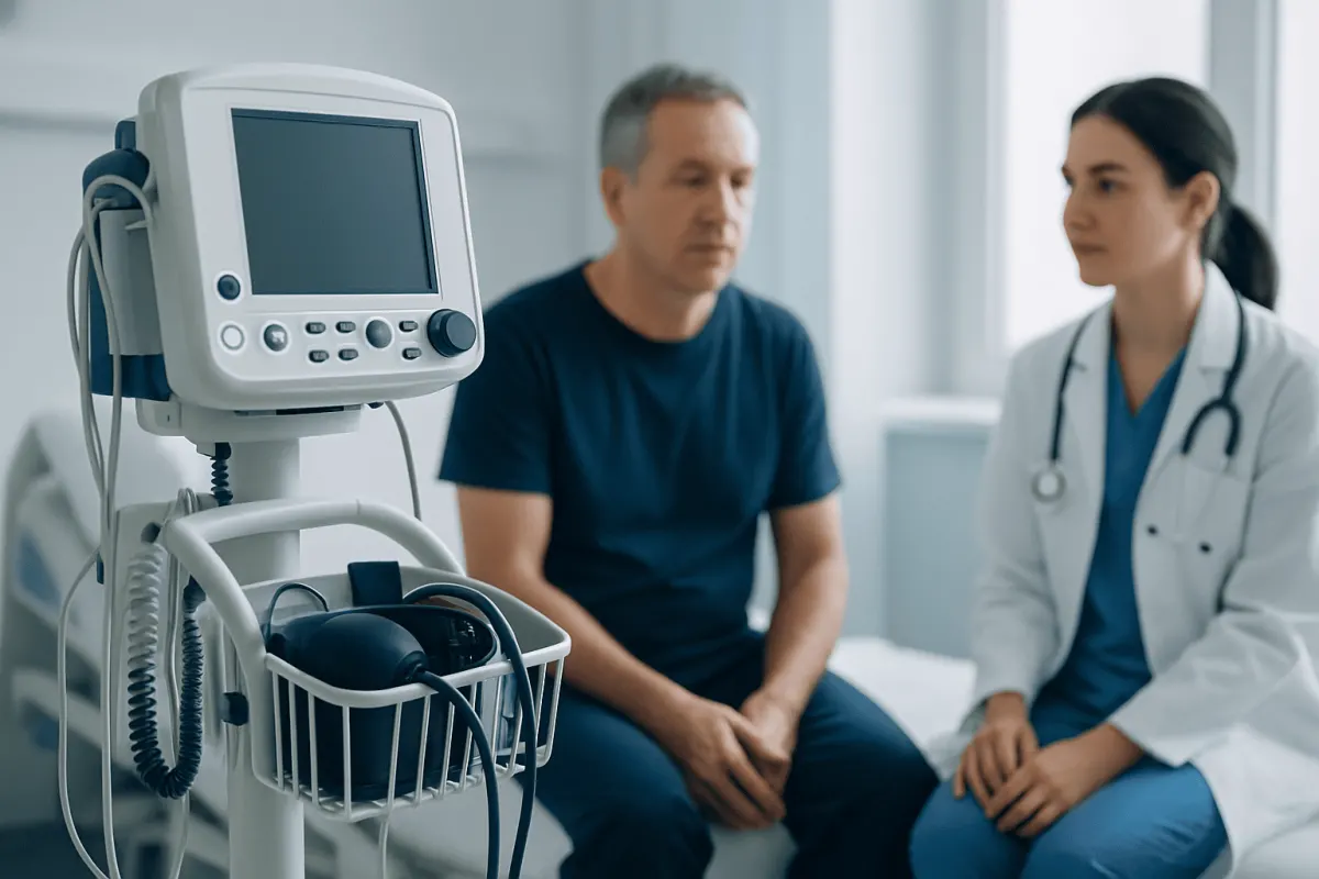 Doctor consulting patient in a hospital room with medical equipment nearby.