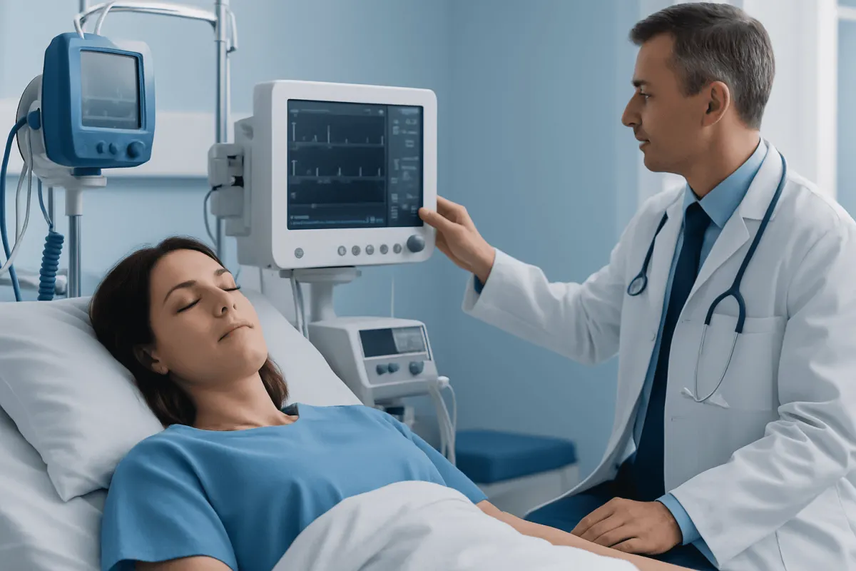 Doctor monitoring neurophysiology test on patient in hospital.